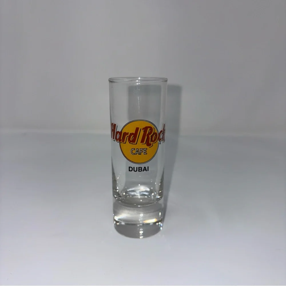 Hard Rock Cafe Dubai HRC Clear Shot Glass with Red and Yellow Logo 4” Tall